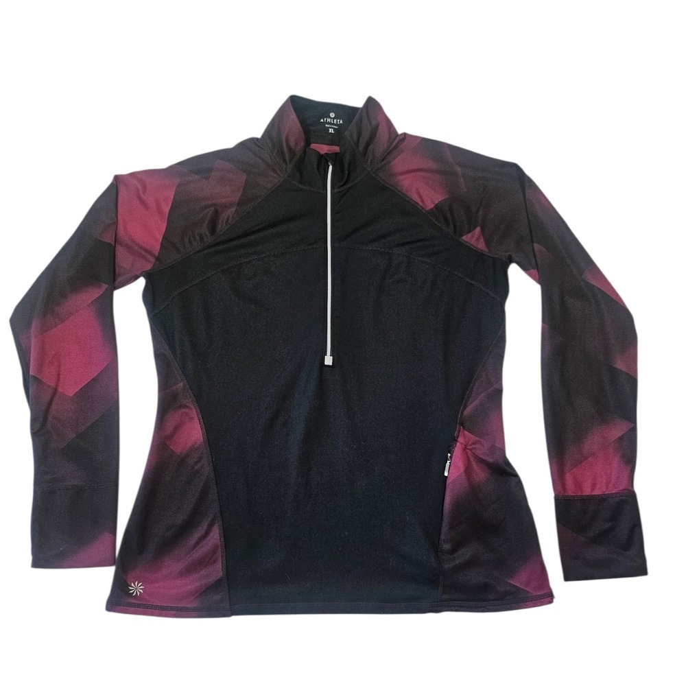 Athleta Womens XL Quarter Zip Pullover Geometric Prism Thumbhole Black Burgundy